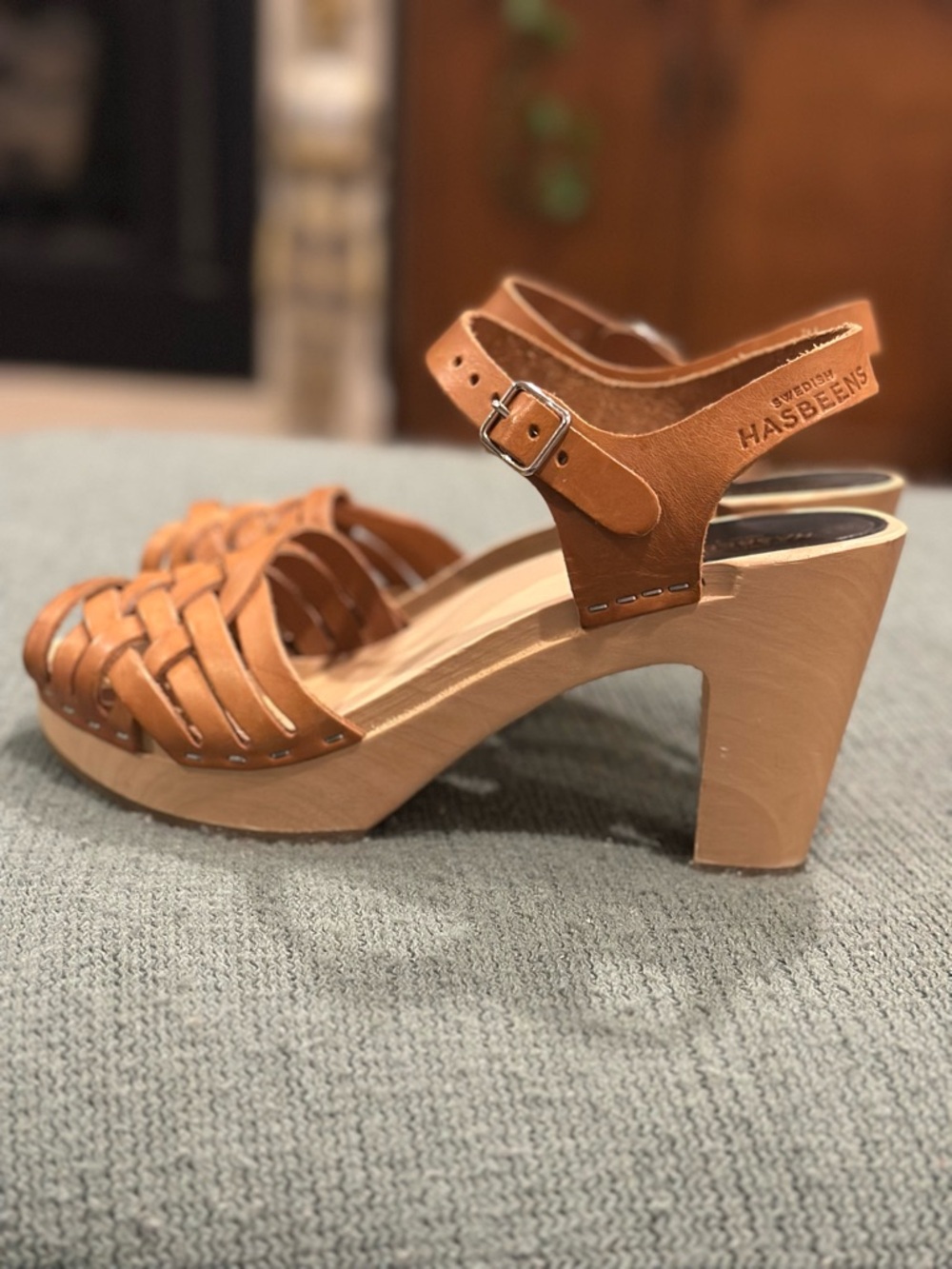 Swedish Hasbeens Tan Woven Leather Platform Sandals - Picture 6 of 8